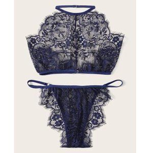 Women's Matching Lingerie Blue Lace Mesh Bra Panty Set SMALL THROUGH 2XL